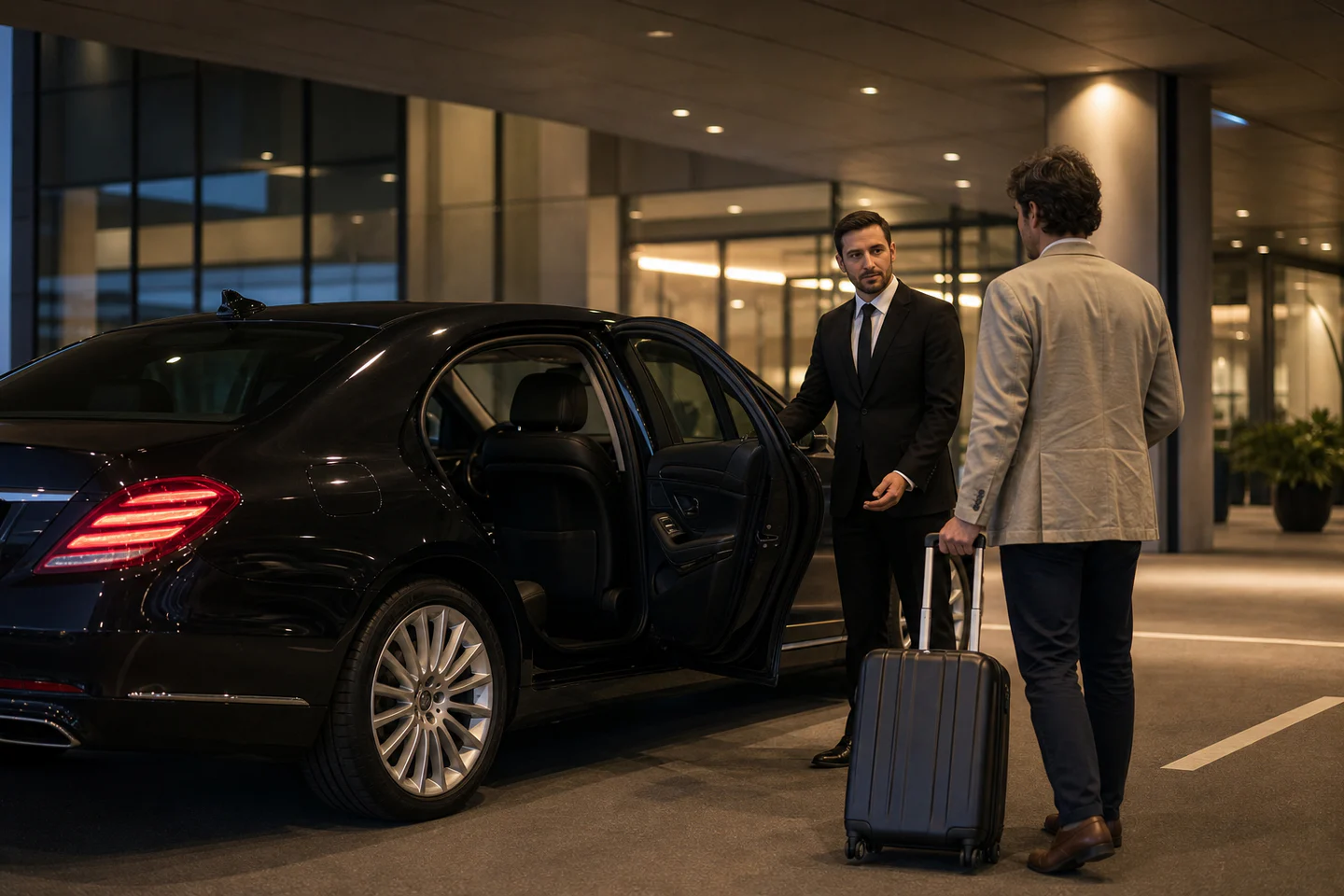 A professional driver assisting travellers beside an executive vehicle in Argentina.